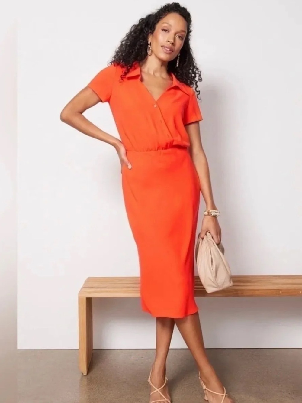 Amanda Uprichard Reya Orange Red Collared Short Sleeve Midi Dress Size XL NWT